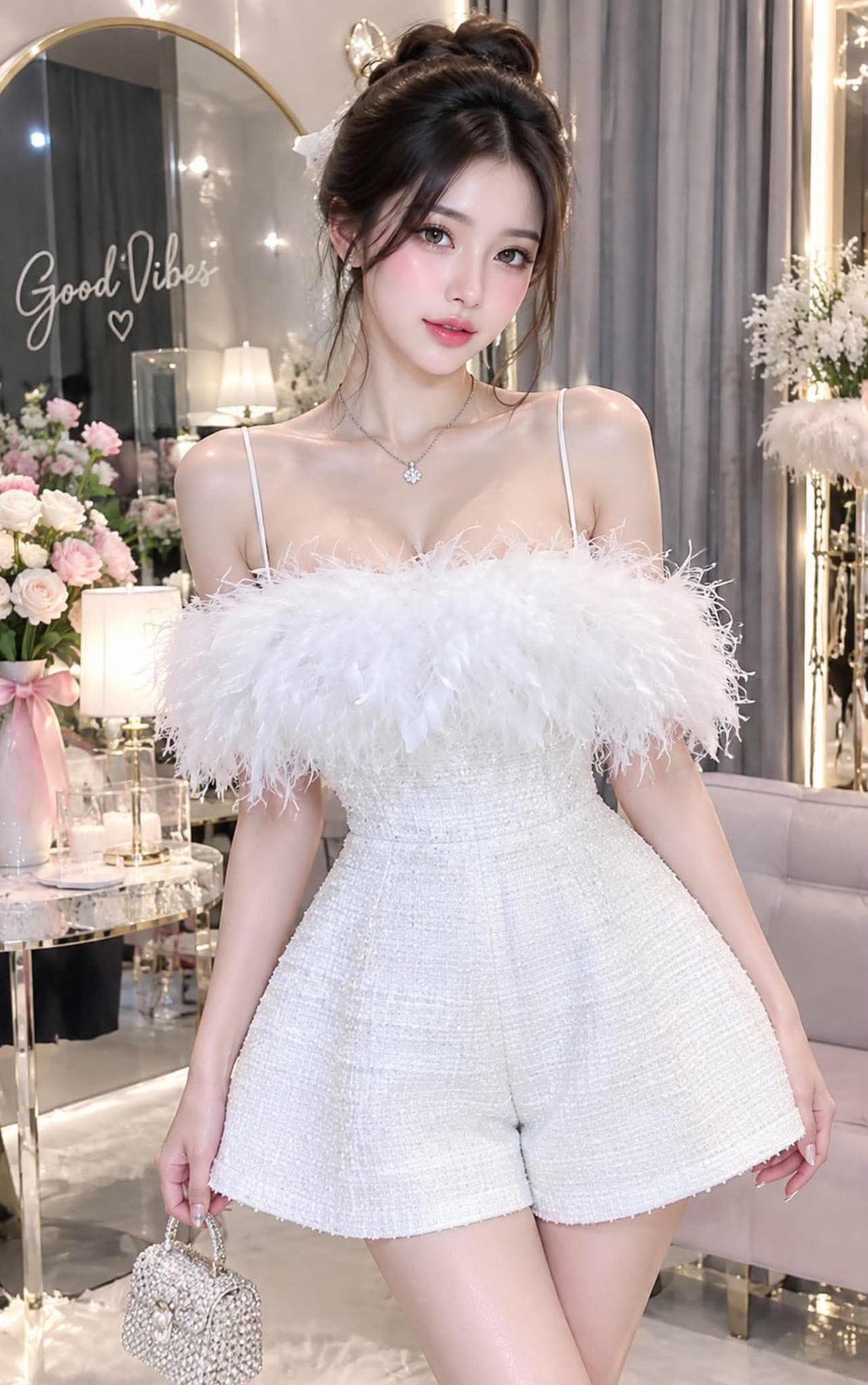 ชุดจั้มสั้น ผ้าทวิต แต่งขนนก สีขาว สีดำ