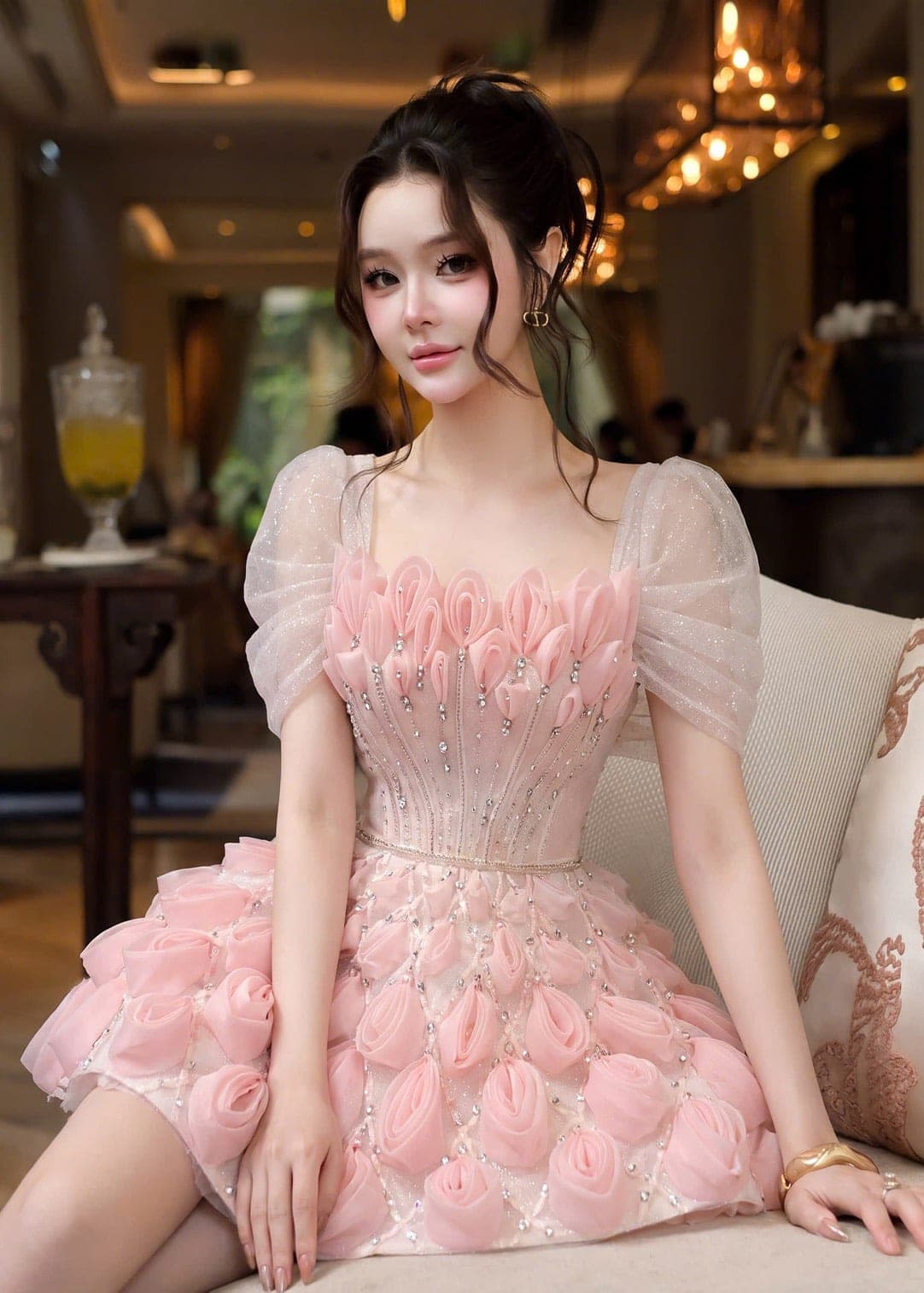 ชุดเดรส ปาดไหล่ แต่งดอก สีชมพู รูปที่ 1