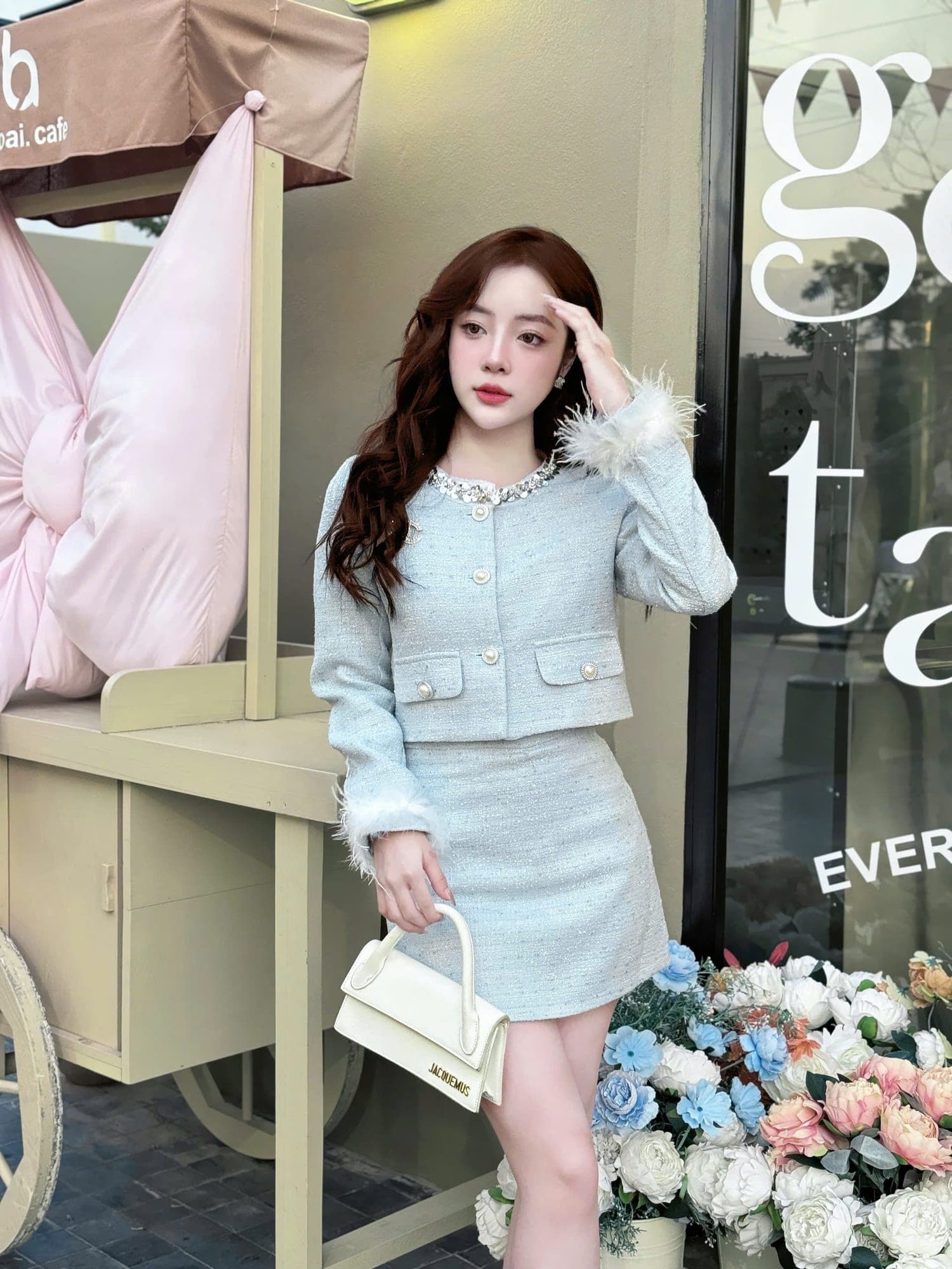 ชุดเซ็ท ทวิต แต่งขน สีฟ้า เวียดนามแท้ รูปที่ 1