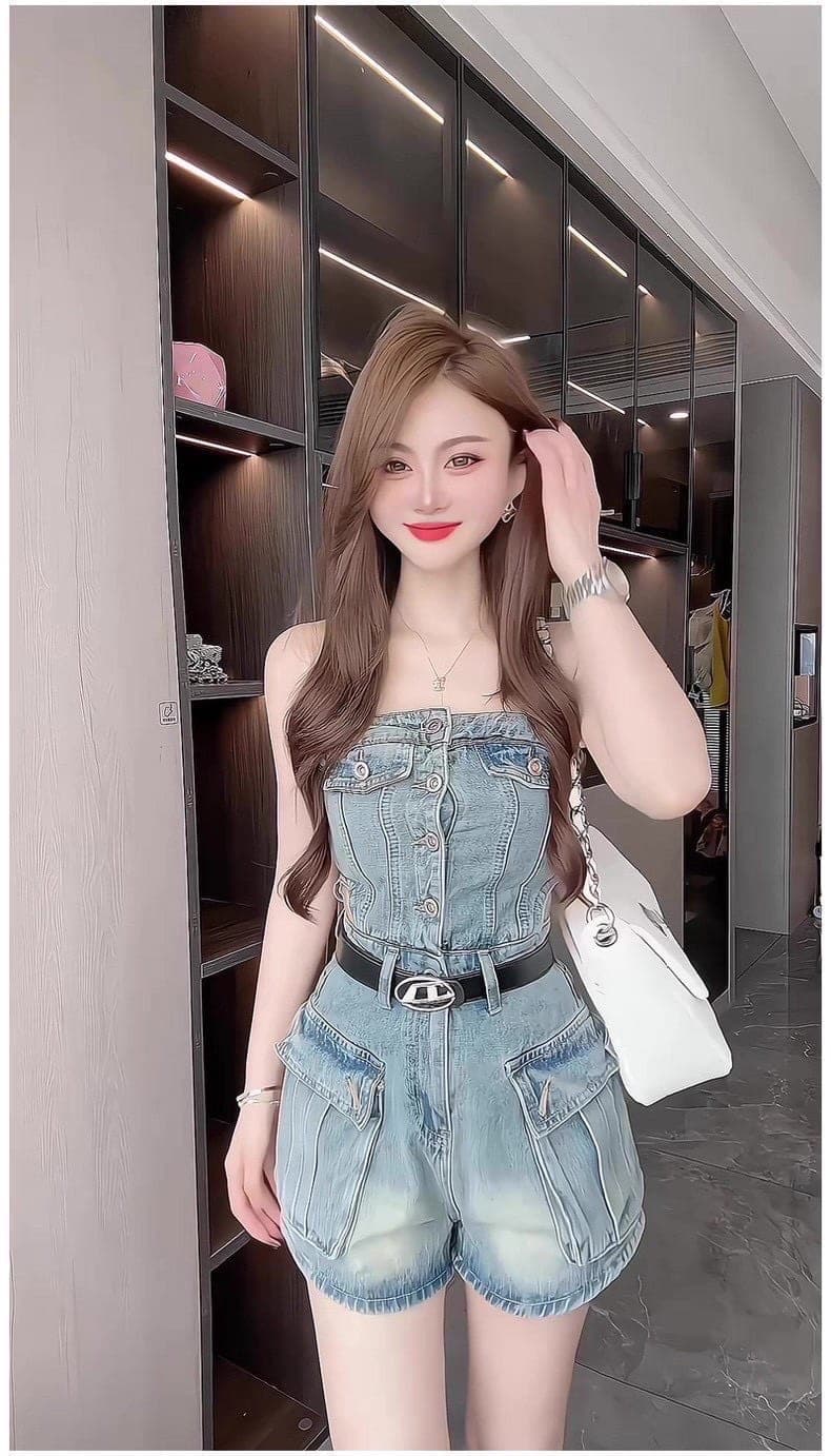 ชุดจั้ม เกาะอก ยีนส์ +เข็มขัด