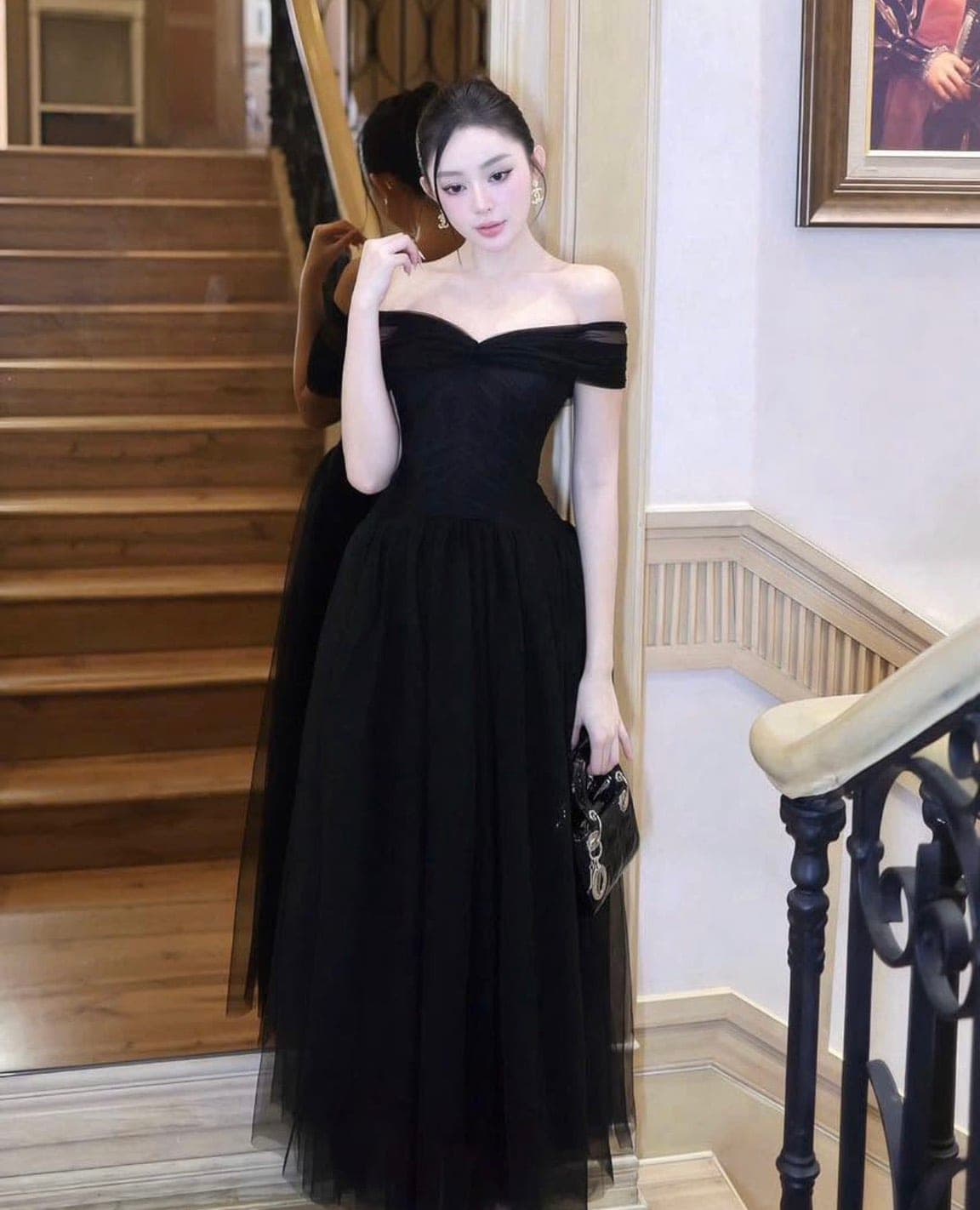 ชุดเดรส ราตรียาว ปาดไหล่ สีดำ สีน้ำตาล BARED ZENLULU รูปที่ 1