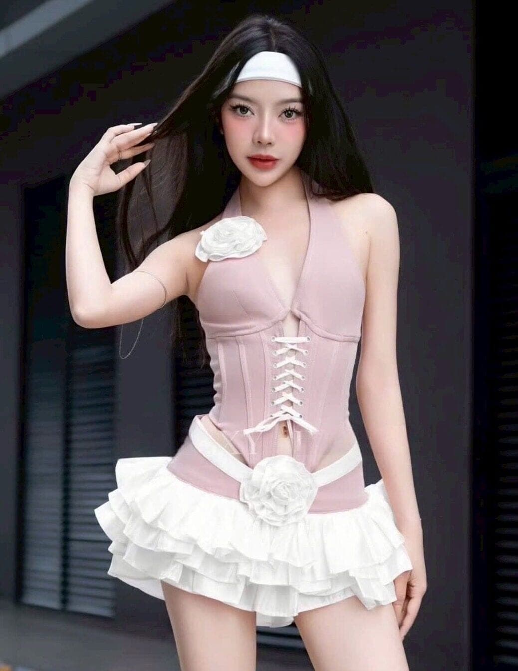 ชุดเซ็ท เสื้อ+กระโปรง แต่งดอก สีชมพู รูปที่ 1