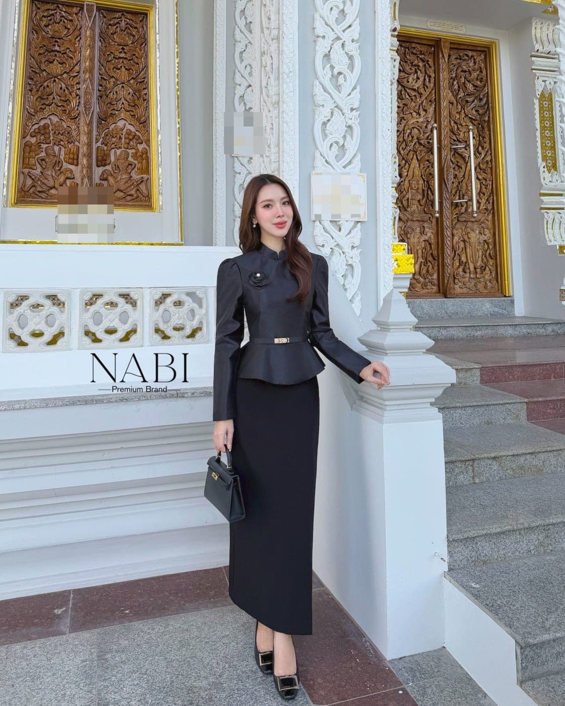 ชุดเซ็ท แขนยาว เสื้อ + กระโปรง + เข็มขัด แต่งดอกไม้