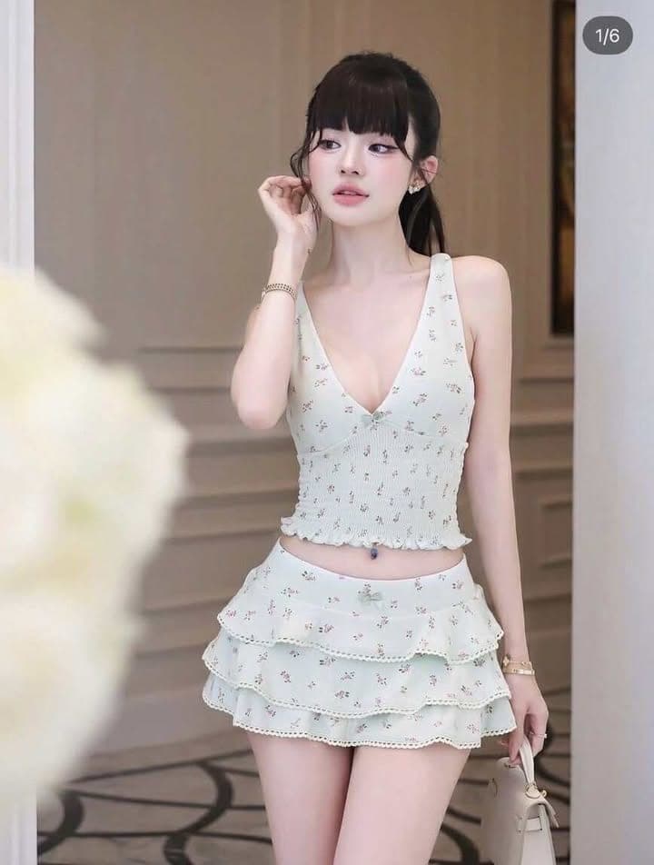 ชุดเซ็ท ลายดอกไม้ สีเขียวพาสเทล