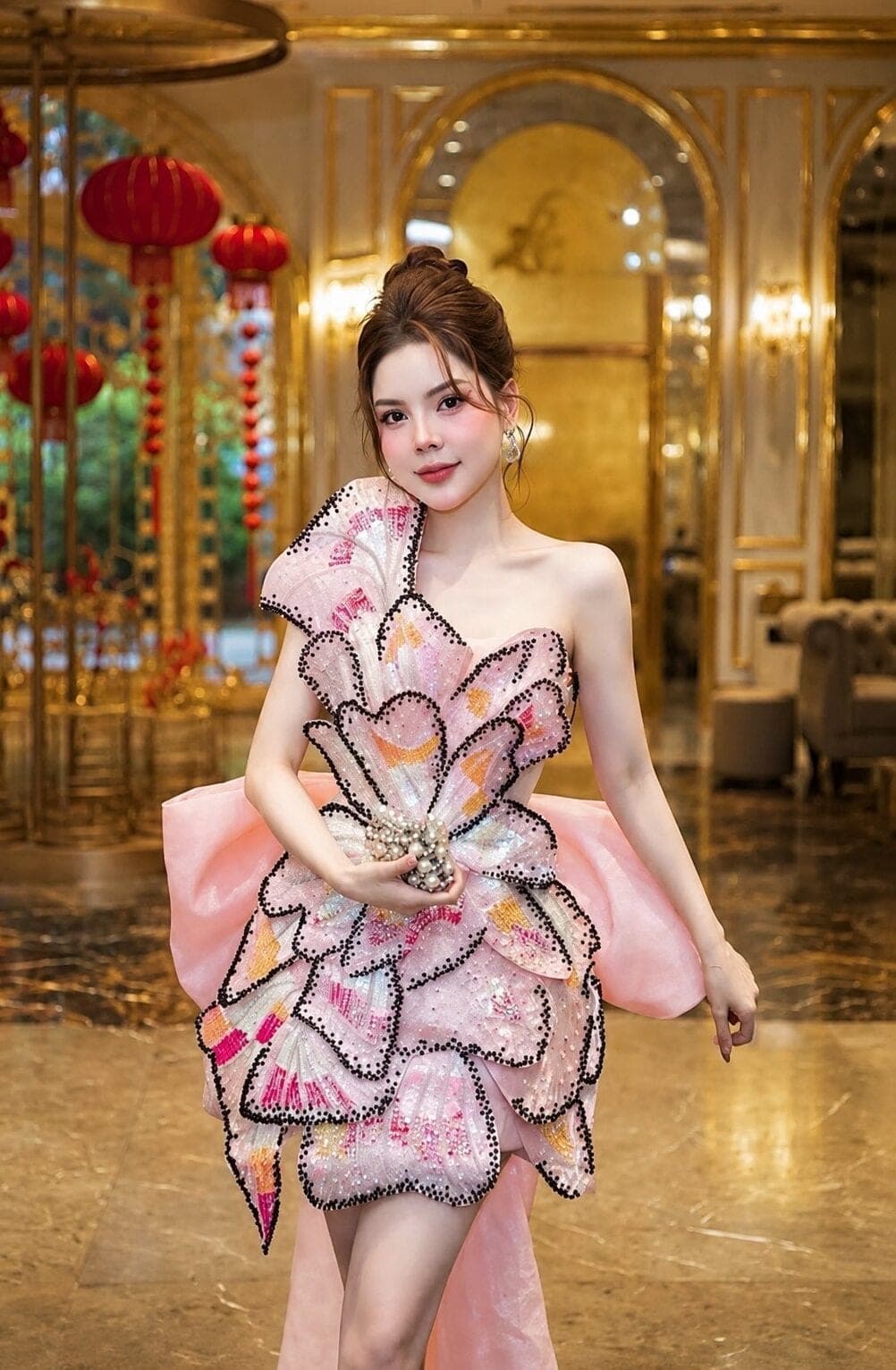 ชุดเดรส ผีเสื้อ แต่งกลิตเตอร์ + โบว์ สีชมพู รูปที่ 1