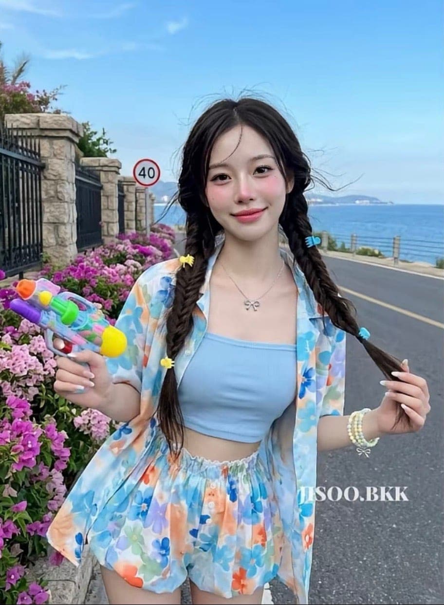 ชุดเซ็ท 3 ชิ้น เสื้อคลุม +เสื้อเกาะอก + กางเกง สีฟ้า รูปที่ 1