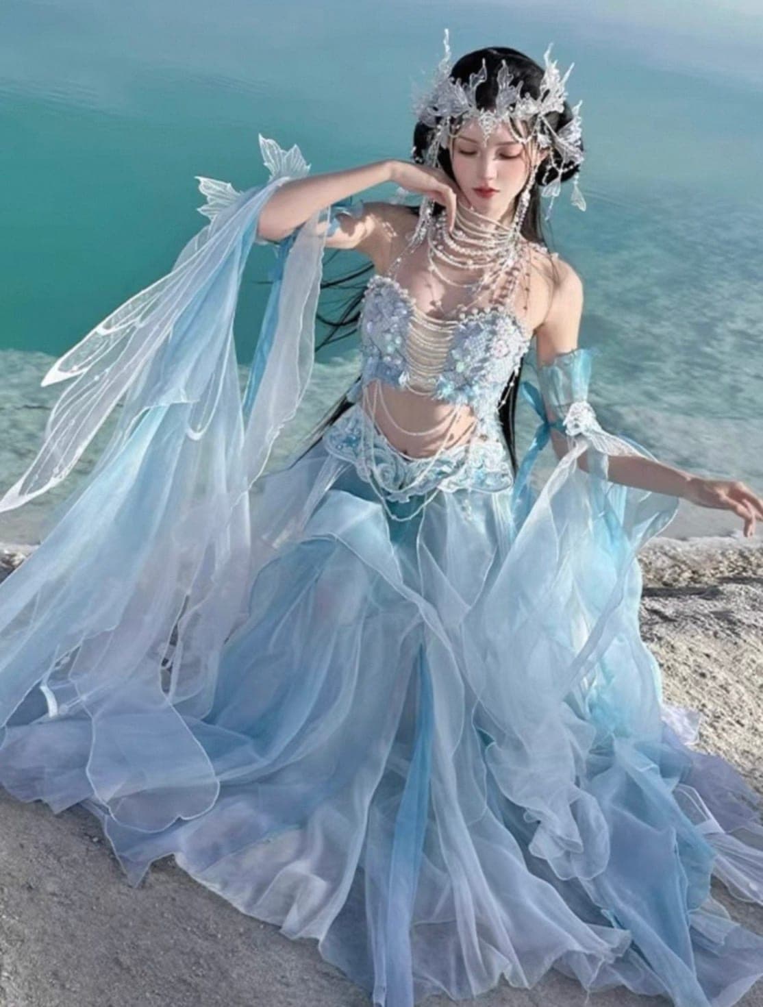 ชุดเซ็ท แต่งมุก แต่งระบาย สีฟ้า แบรนด์แท้ นำเข้า รูปที่ 1
