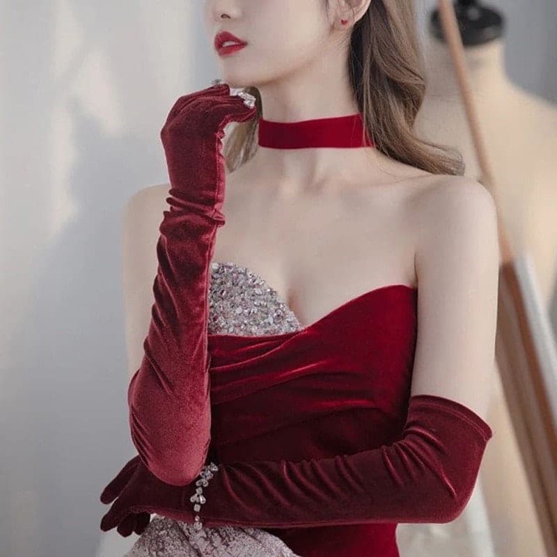 ถุงมือ ผ้ากำมะหยี,ตาข่าย,ลูกไม้ ( สีดำ สีขาว สีแดง สีชมพู ) รูปที่ 1