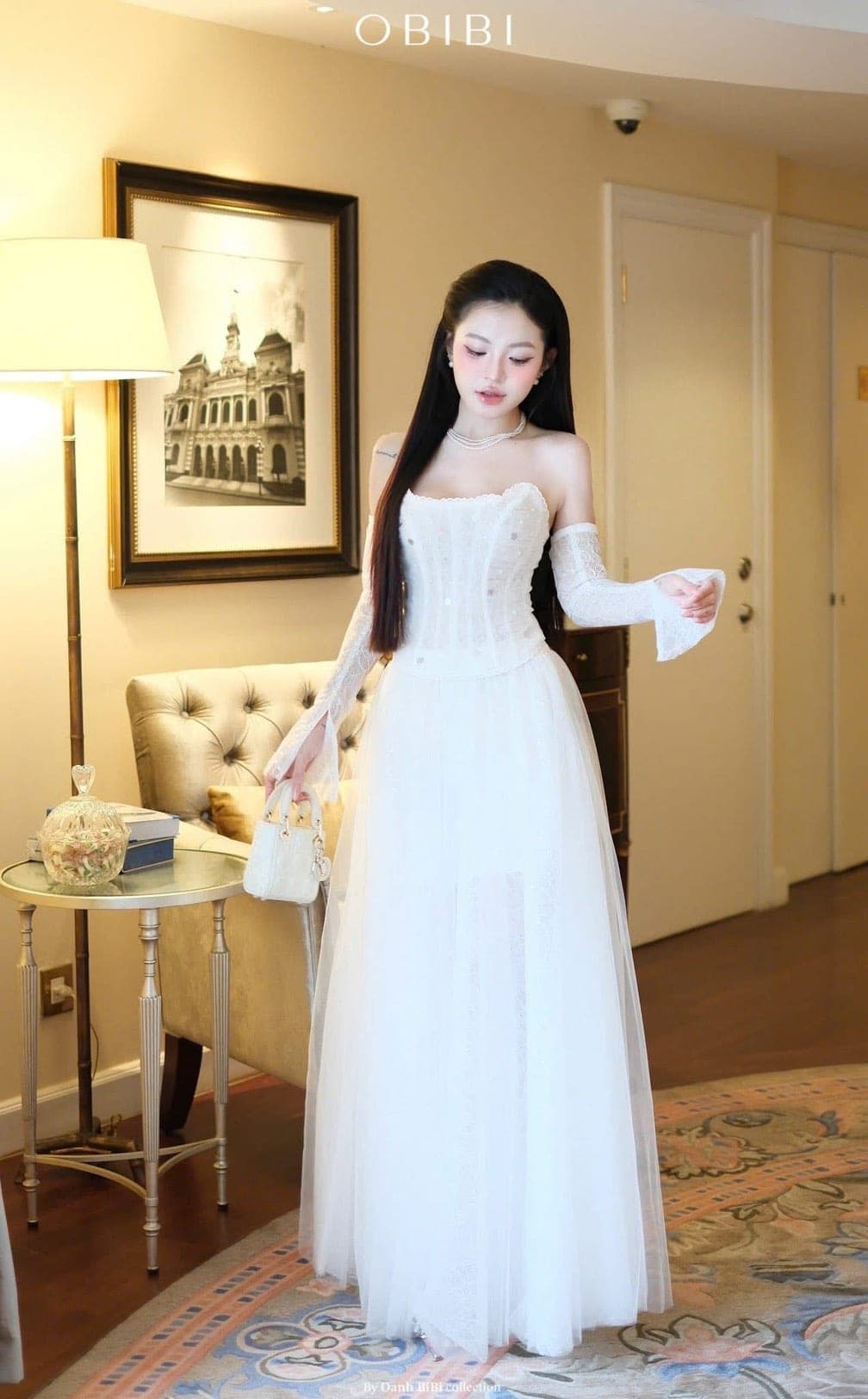 ชุดเดรส ราตรียาว + ถุงมือ สีขาว รูปที่ 1