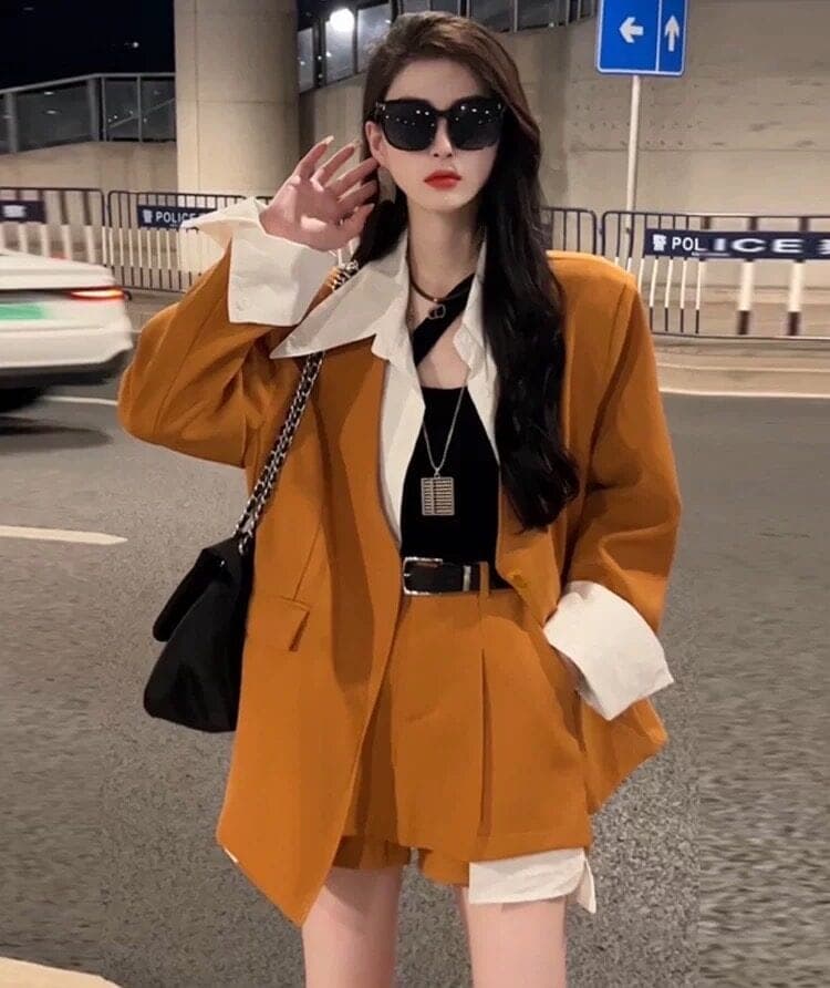 ชุดเซ็ท เสื้อสูท+กางเกง สีส้ม แบรนด์แท้ นำเข้า