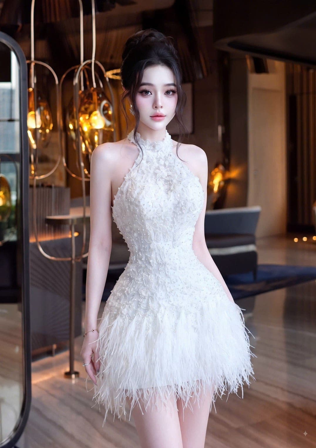 ชุดเดรส คล้องคอ แต่งกลิตเตอร์ สีขาว รูปที่ 1