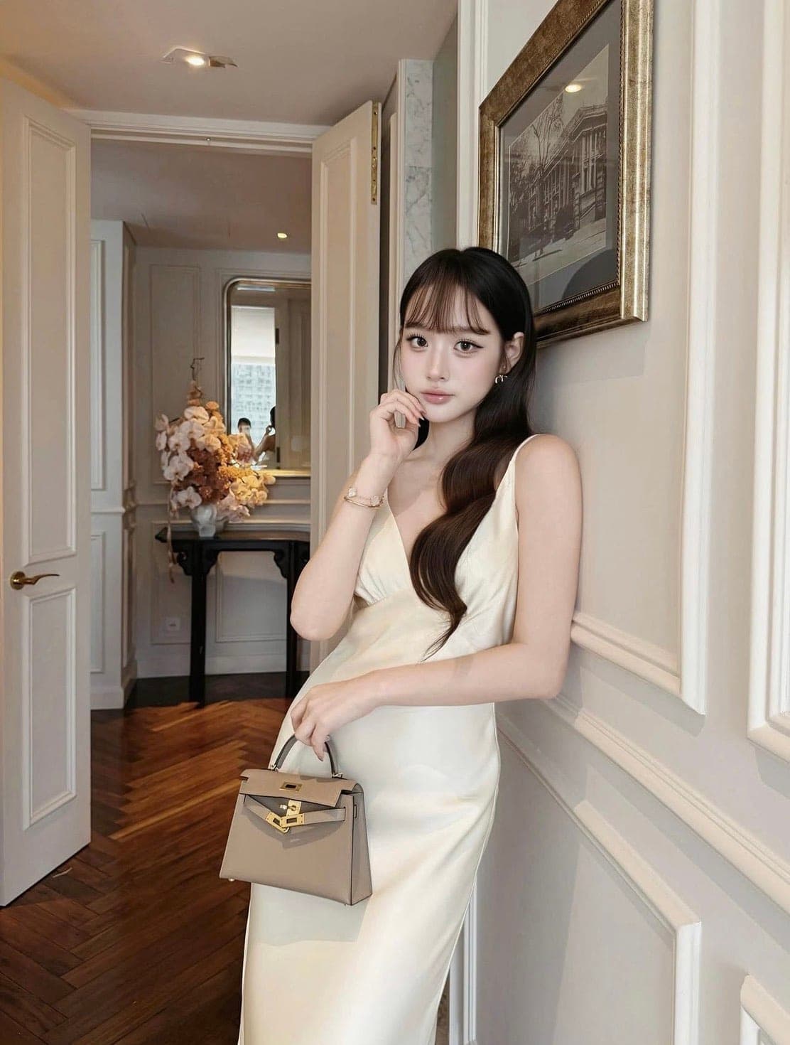 ชุดเดรส ยาว สายเดี่ยว สีครีม CHOUCHOU รูปที่ 1