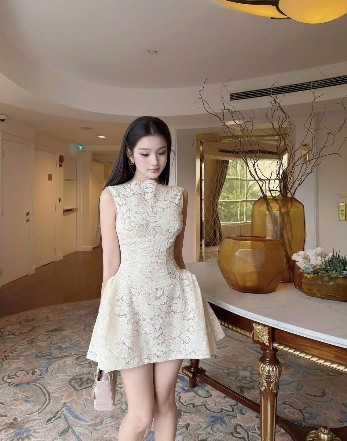 ชุดเดรส ลูกไม้ สีครีม แต่งผูกโบว์ CHOUCHOU รูปที่ 1