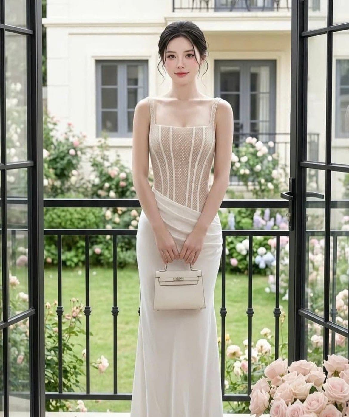 ชุดเดรส ราตรียาว สายเดี่ยว สีขาว สีทอง BARED ZENLULU