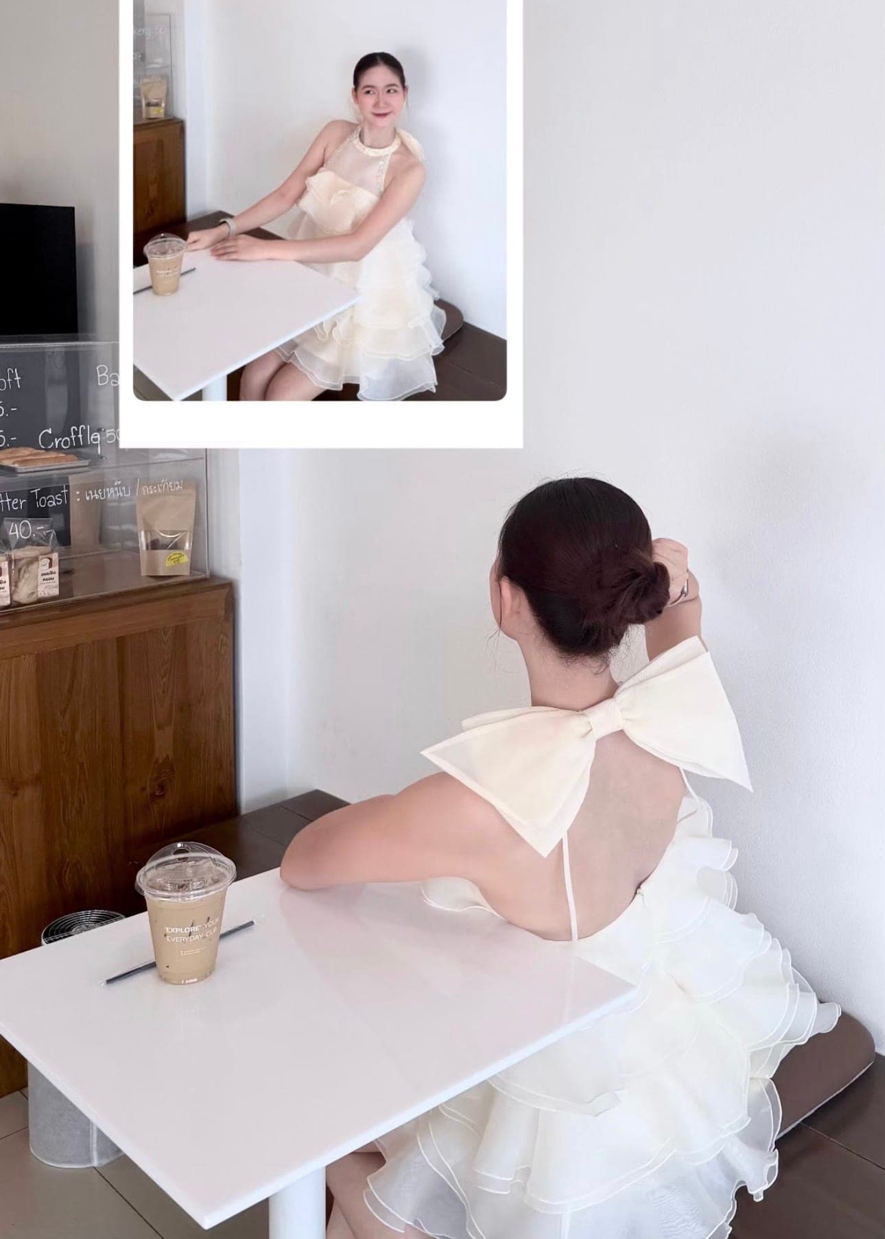 รีวิวจากลูกค้า ชุดเดรส คล้องคอ แต่งโบว์ สีครีม