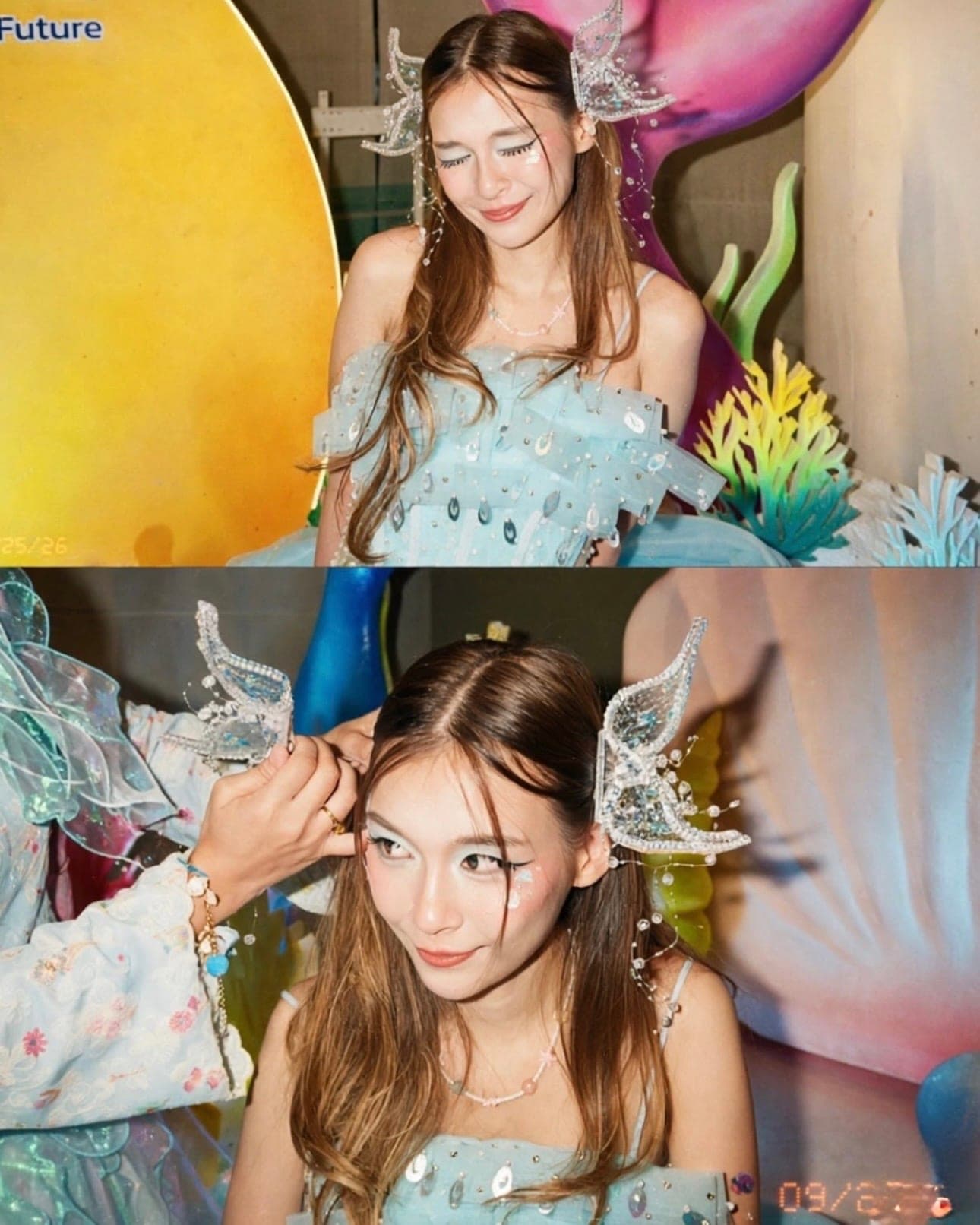 รีวิวจากลูกค้า ชุดเดรส เกาะอก แต่งกลิตเตอรื สีฟ้า สีขาว