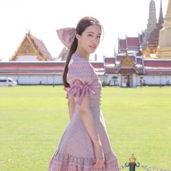 ชุดเดรสผ้าไหมไทย สีชมพู  4068 ไซส์ S-M