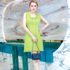 ชุดเดรส ผ้าทวิต สีเขียว Pachara 2415 Size S-M