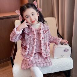 ชุดเด็ก โบว์ ผ้าทวิต สีชมพู 9051 Size 110-130