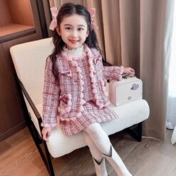 ชุดเด็ก โบว์ ผ้าทวิต สีชมพู 9051 Size 110-130