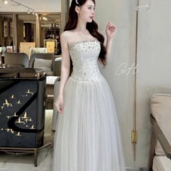 ชุดราตรี เกาะอก แต่งเพชร สีขาว 9203 Size L