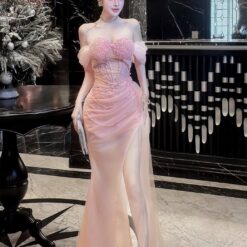 ชุดราตรี เกาะอกแต่งมุก + ถุงมือ สีชมพู 9312 Size S-M