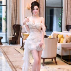 ชุดเดรส ปาดไหล่ แต่งเพชร แต่งดอก สีขาว Brand HiSo 9507 Size L