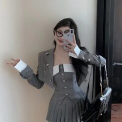 ชุดเซ็ท 3 ชิ้น เสื้อ-เกาะอก-กระโปรง สีเทา 9565 Size S-M