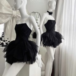 ชุดเดรสเกาะอก กระโปรงฟู ดอกที่คอ สีดำ สีชมพู ZEN LULU 9867 Size M