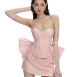 ชุดเซ็ท 3 ชิ้น เกาะอก กลิตเตอร์ แต่งเพรช โบว์ใหญ่ สีชมพู LANE CI 9900 Size S-M