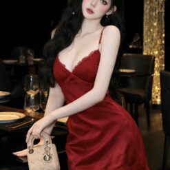 ชุดเดรส สายเดี่ยว แต่งลูกไม้ สีชมพู สีฟ้า สีแดง 10017 Size S,M